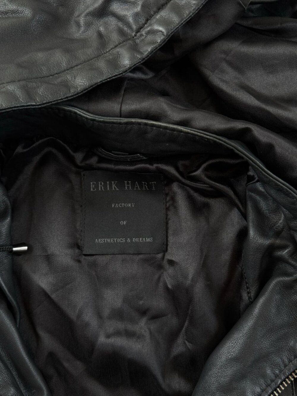 Black Leather Hooded Bomber Jacket ERIK HART Size S Unisex Zip Up Sz S - Picture 11 of 15